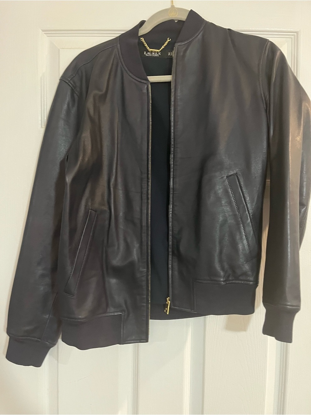 Lauren Ralph Lauren navy leather bomber Jacket with Gold zipper Detail - size S